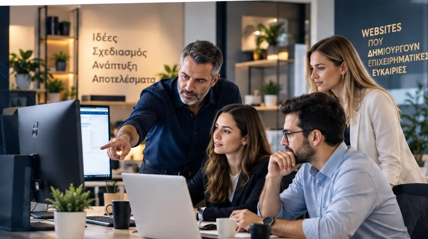 Ομάδα επαγγελματιών που συνεργάζεται πάνω σε ψηφιακό έργο